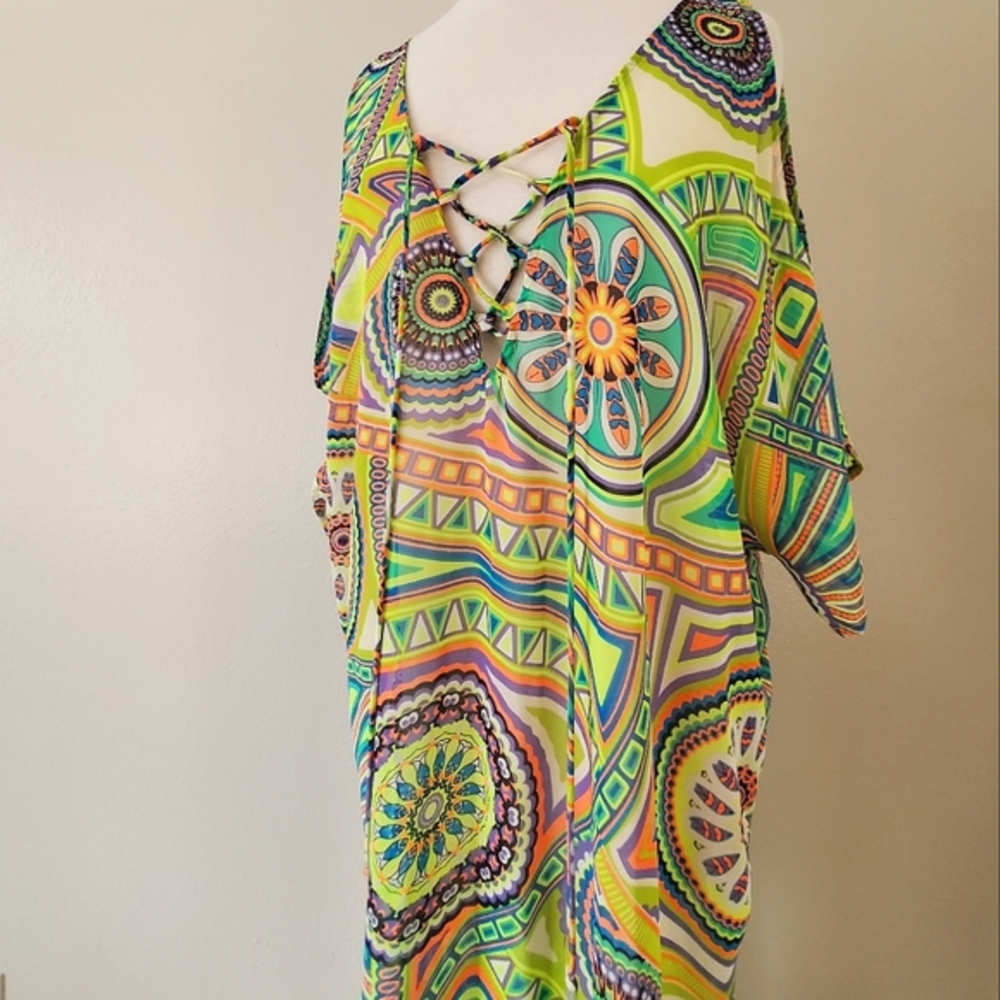 LUSH sheer tribal swim cover up long printed tunic beach festival resort OS